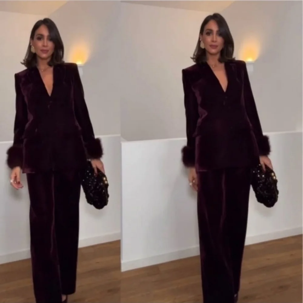 Zara Set 2 Pc Velvet Blazer With Faux Fur Cuffs and Wide Pants Size M